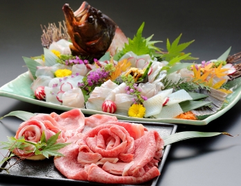 地魚7種盛り合わせと特選オリーブ牛＆香川県産豚のしゃぶしゃぶ（冬メニュー 一例）